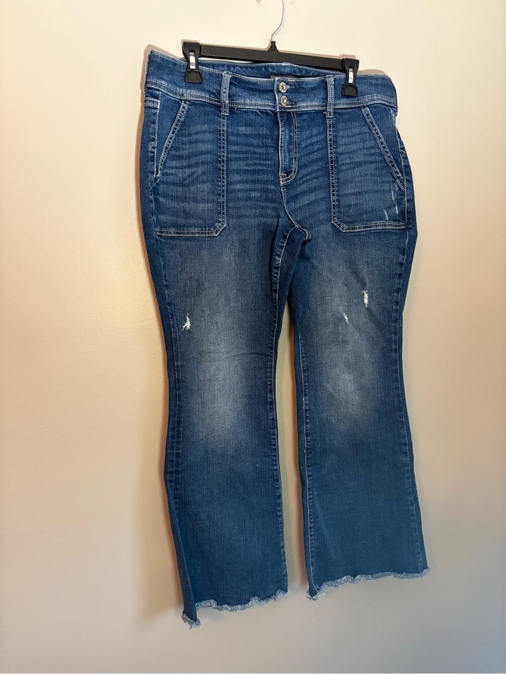 Torrid Vintage Stretch Mid-Rise Flare Jeans Blue Distressed Raw Hem Size 14S